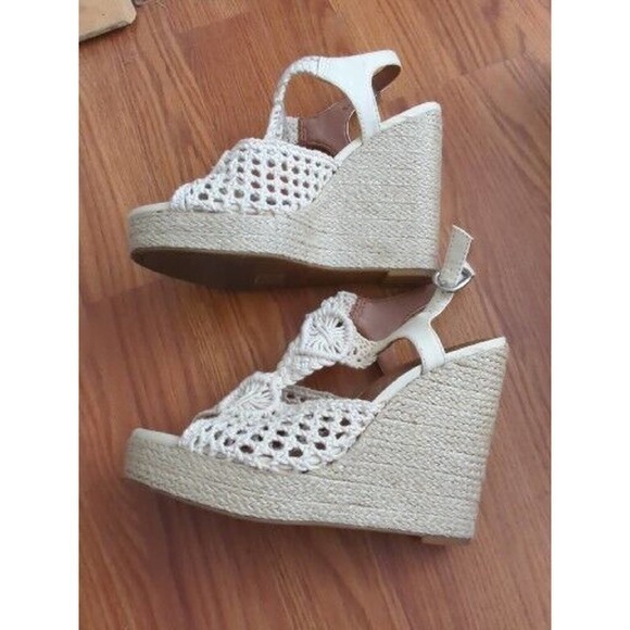 Lucky Brand Womens WEDGE SANDAL Size 8.5‎ Beige Cream Macrame Espadrilles Shoe - Picture 2 of 6